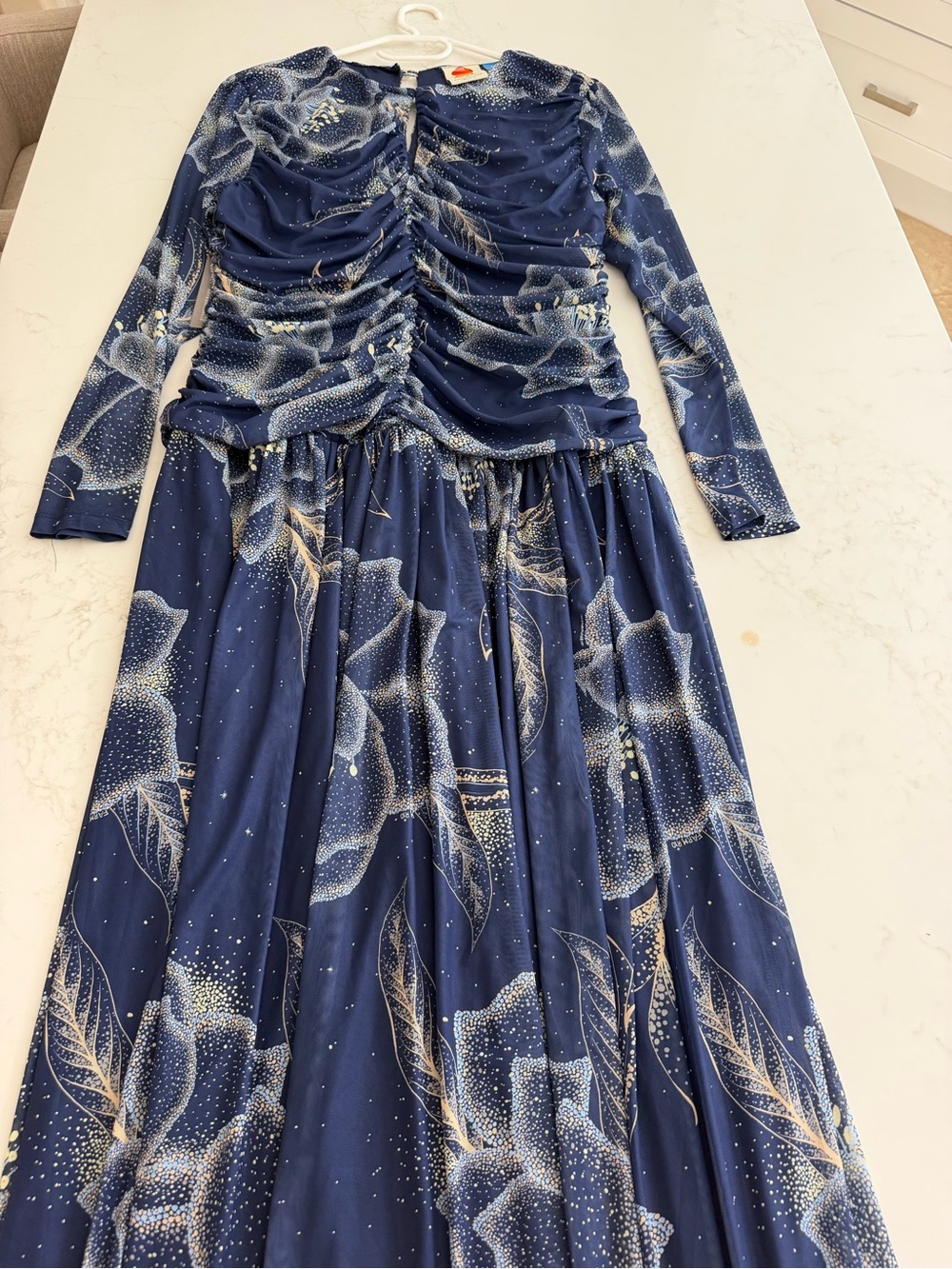 Farm rio /Anthropologie Navy Floral Ruched Long-Sleeve Maxi Dress - Picture 2 of 8